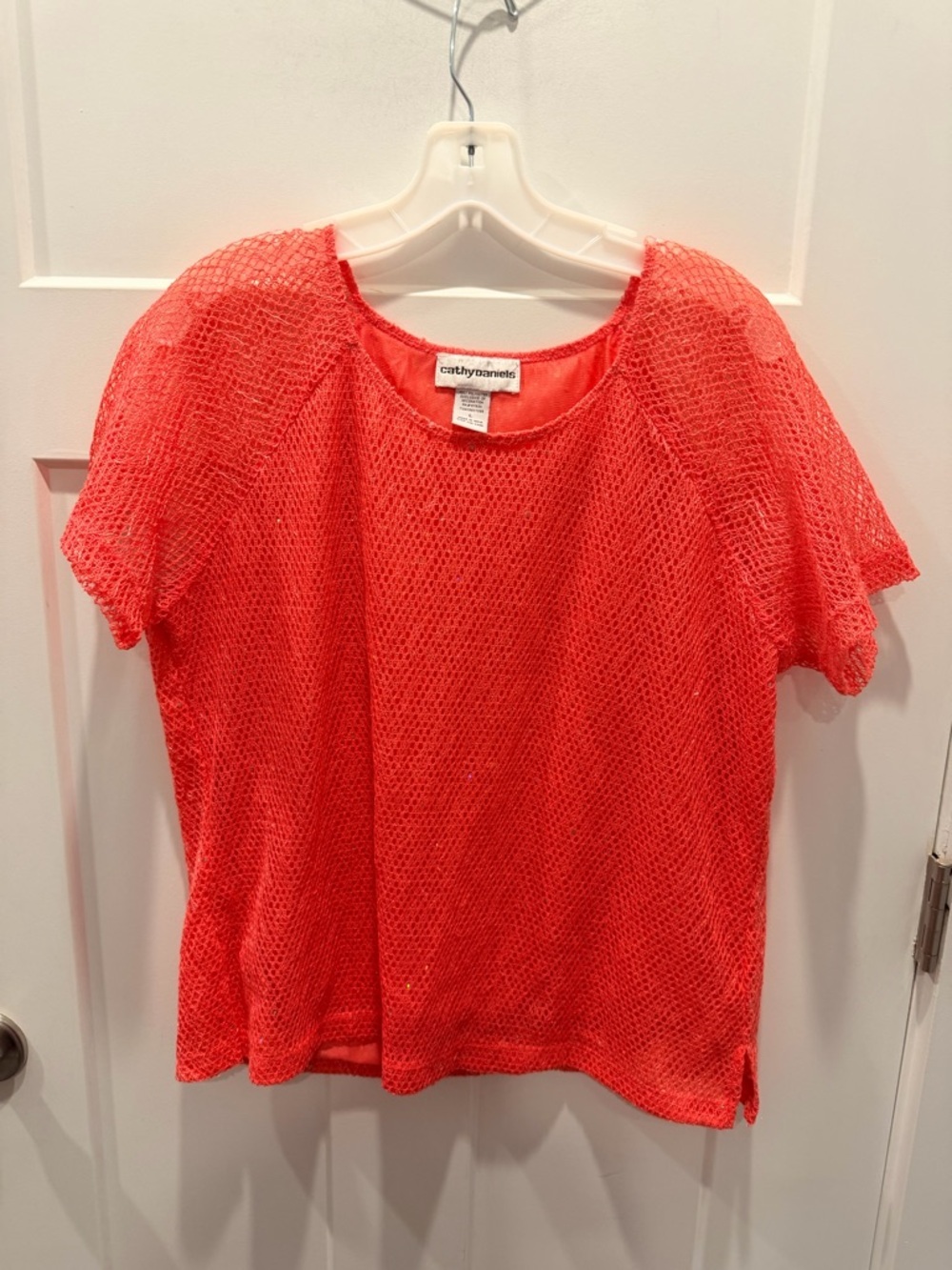 Cathy Daniels Coral Crochet Top Large Sheer Overlay Lightweight Summer Blouse